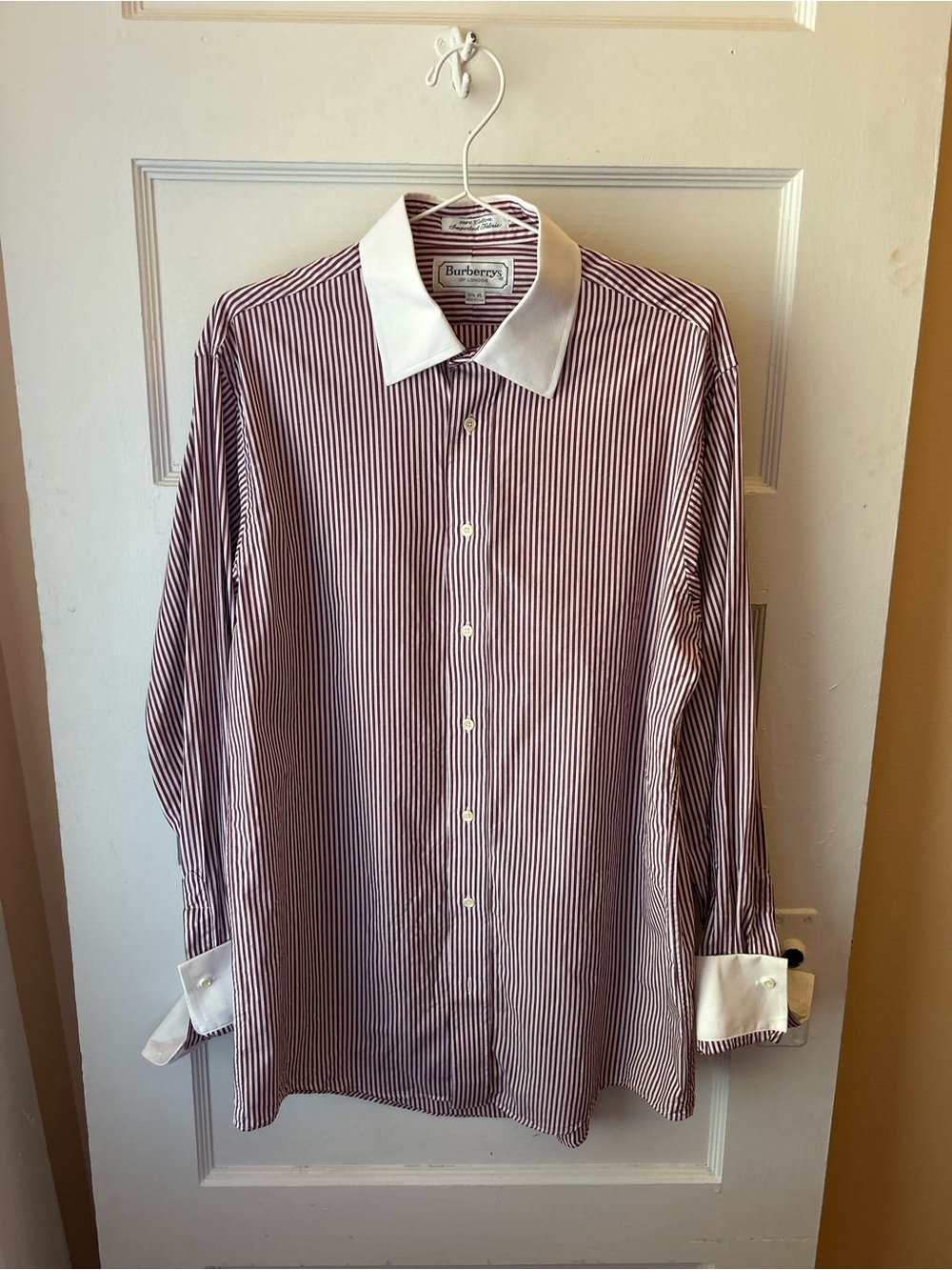 Burberry Men’s Burgundy and White Striped Dress Shirt with White Contrast Collar